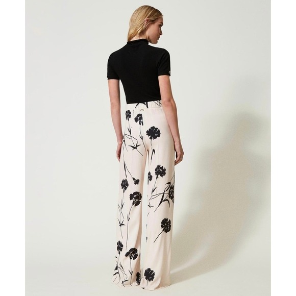 TWINSET Milano Palazzo Womens US4 IT40 Pants Cream Black Floral Print Wide Leg - Picture 3 of 16